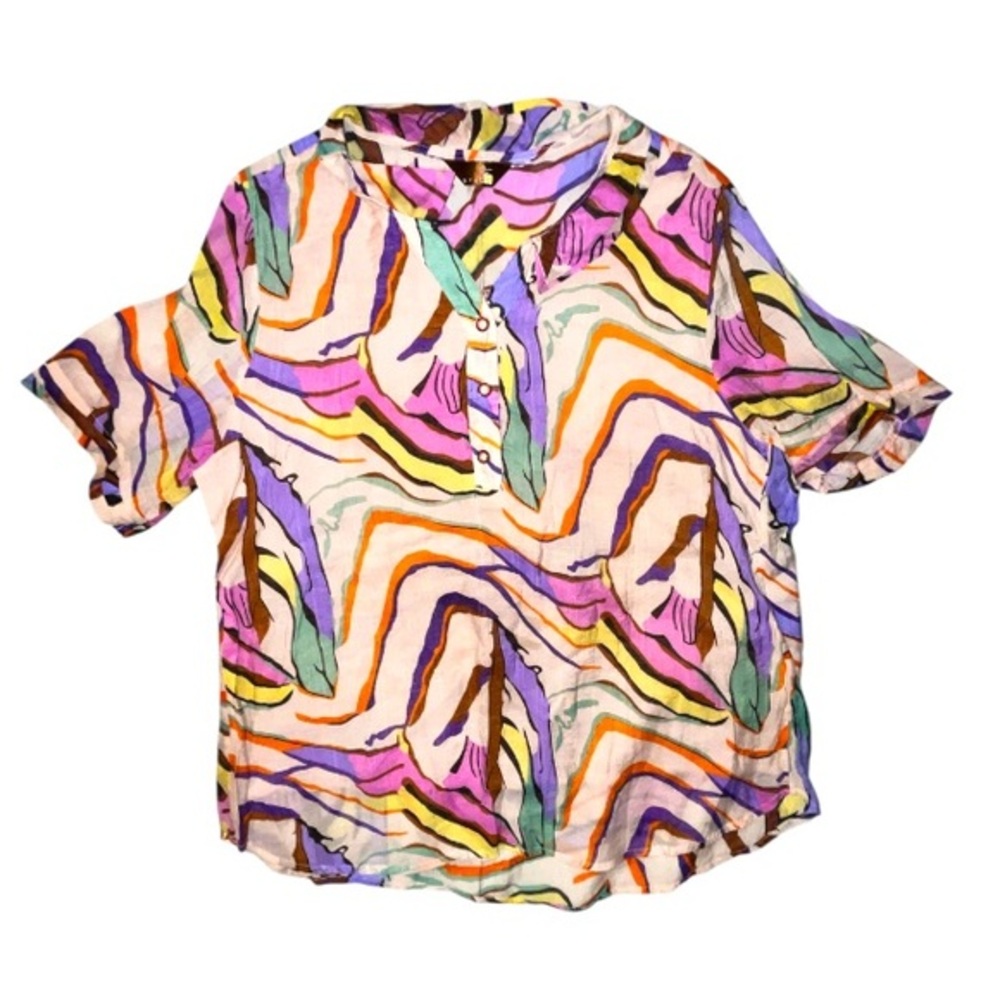 Vintage Gitano Pullover Multicolor Short Sleeve Shirt Button Neck Size Large